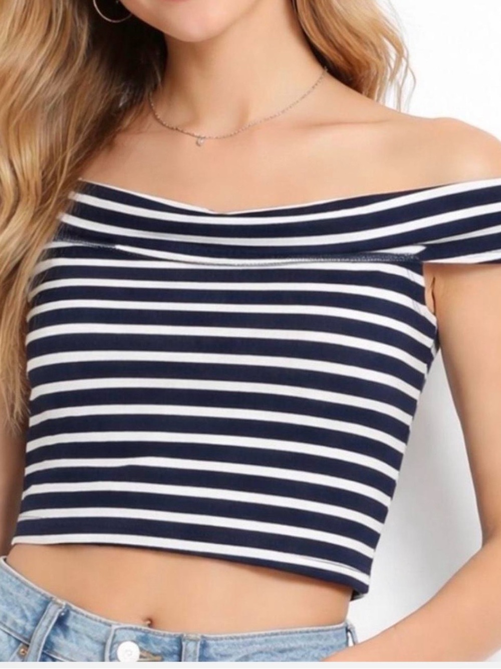 Wild Fable Off-Shoulder Navy and White Stripe Top - Women's